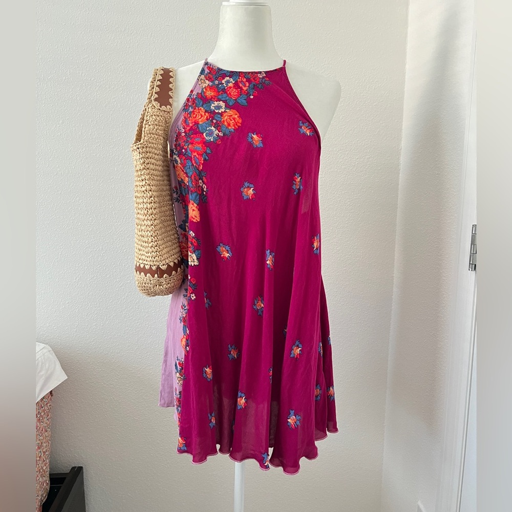Intimately Free People Floral Mini Dress XS Pink Boho Summer Cinch Waist Flowy